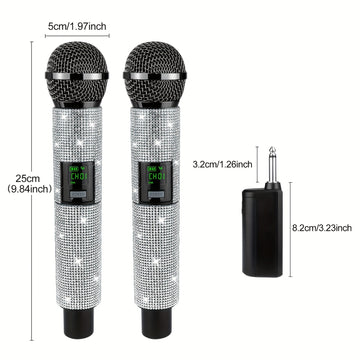 Sistema de micrófono con conector de 3,5 mm a 6,35 mm, control de volumen, indicador de batería y conectividad inalámbrica de 2,4 GHz, recargable.