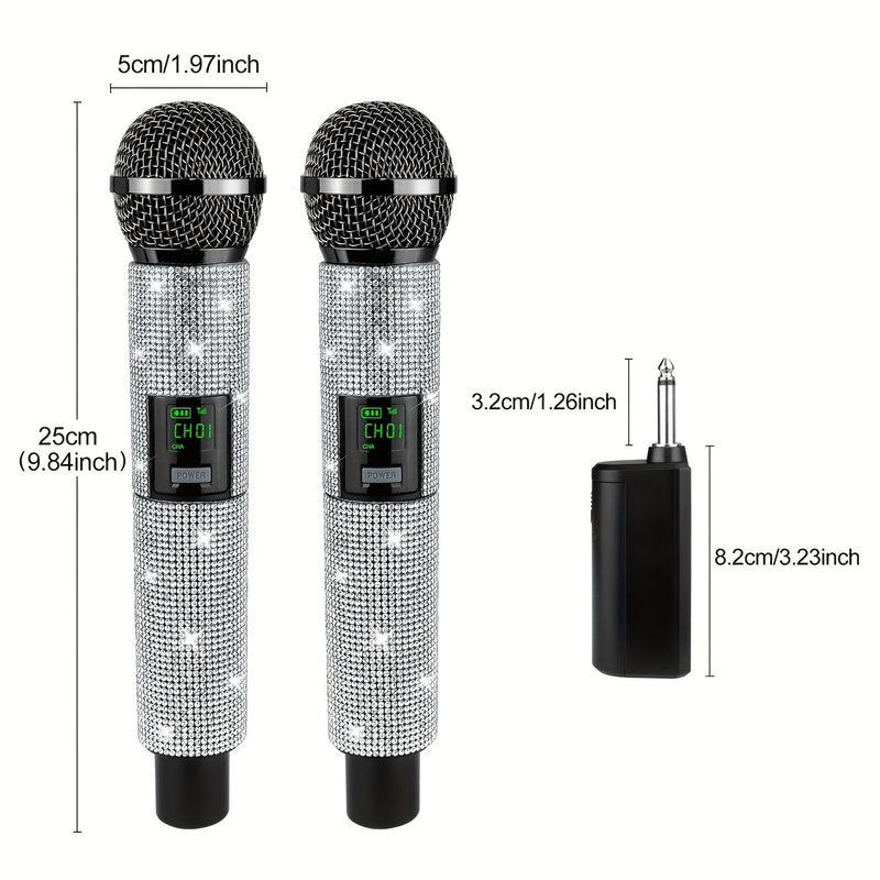 Sistema de micrófono con conector de 3,5 mm a 6,35 mm, control de volumen, indicador de batería y conectividad inalámbrica de 2,4 GHz, recargable.