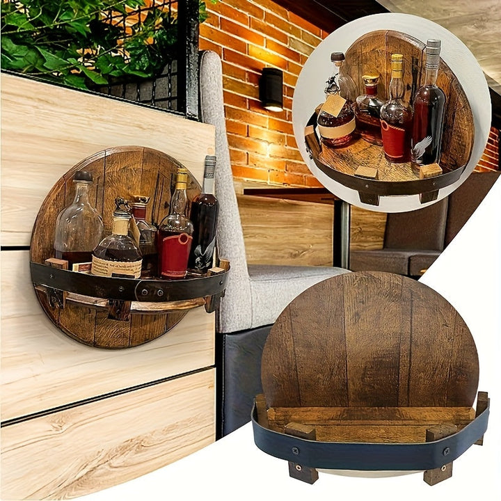 1pc Estante de Bar Clásico con Forma de Barril para Montar en la Pared - Almacenamiento Rústico de Madera Reciclada Multicompartimento para Botellas de Vino y Cristalería, Organizador de Bar Ahorrador de Espacio, Decoración de Estilo Granja para Sala de