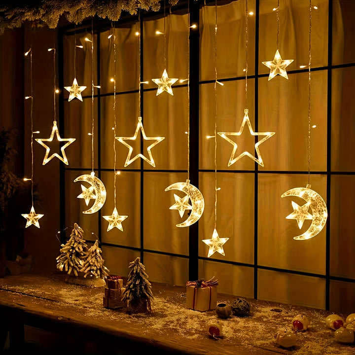 1 juego de luces LED de cortinas de hadas, 3m ajustables con modos múltiples, con estrellas y lunas, plástico, independiente, para Ramadan, bodas, cumpleaños, graduación, decoración de fiestas, jardín romántico de fantasia, operadas con baterías AA (no i