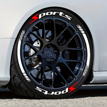 16 calcomanías para ruedas de autos deportivos - PVC resistente al agua, calcomanías de letras duraderas, decoración para llantas, adhesivos para autos, diseño en negro y rojo con texto "SPORTS", compatible con superficies de metal y plástico, accesorios