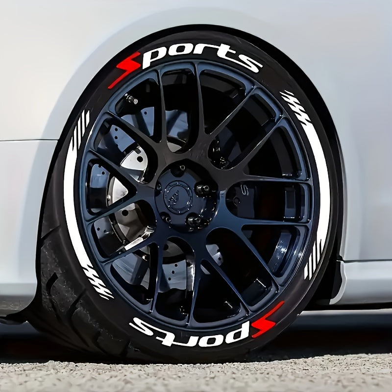 16 calcomanías para ruedas de autos deportivos - PVC resistente al agua, calcomanías de letras duraderas, decoración para llantas, adhesivos para autos, diseño en negro y rojo con texto "SPORTS", compatible con superficies de metal y plástico, accesorios