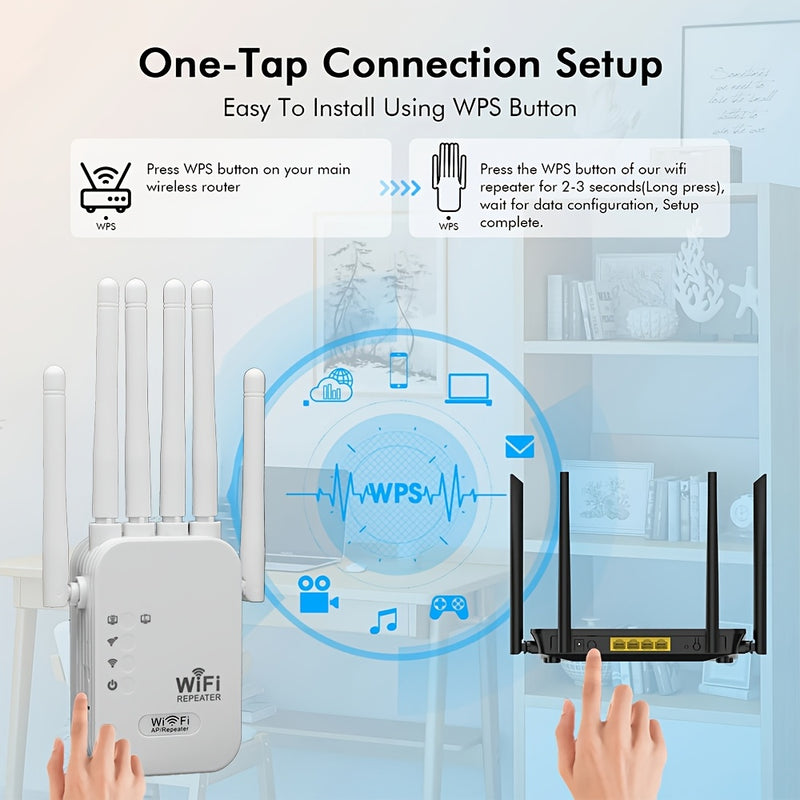 [2D Plano] Amplificador de señal WiFi, Repetidor WiFi, Compatible con WIFI6, Equipado con un puerto Ethernet, Con 6 antenas para cobertura de 360°, Alcanzando hasta 11,000 pies cuadrados, Adecuado para más de 35 dispositivos, Y puede configurarse con sol