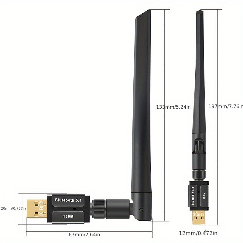 Adaptador inalámbrico USB 5.4 con una distancia máxima de transmisión de 150 metros sin retrasos, enchufa y juega para dispositivos variados como computadoras, auriculares, teclados, ratones y altavoces, permitiendo conexiones rápidas.
