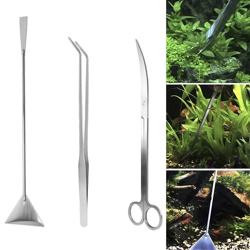 Juego de herramientas de acero inoxidable 3-en-1 para Acuascape, material duradero, operación manual, con cortadora de hierba de mango largo, tijeras y pinzas para acuario