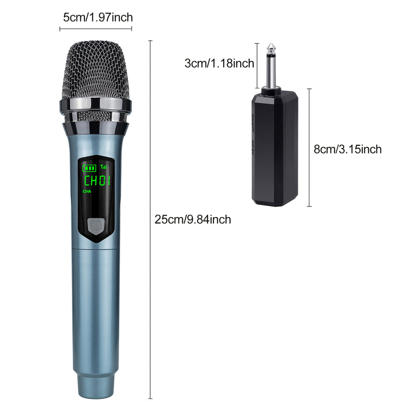 Micrófono dinámico gris Heikuding 108 con control de volumen, batería de litio recargable por USB, conector de 6,35 mm, inalámbrico a 2,4 MHz, con clip y soporte para actuaciones en vivo, grabación y transmisión.