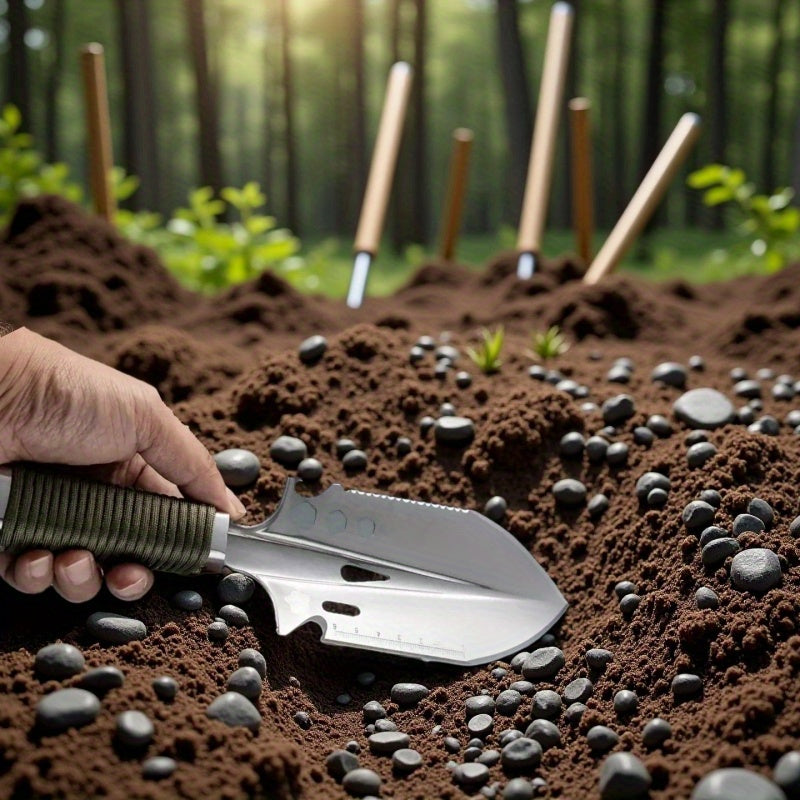 Palas Multiusos 8 en 1 de Metal Resistente con Hoja Forjada Precisamente - Herramienta para Camping, Jardinería y Limpieza de Autos, Equipo Portátil de Supervivencia al Aire Libre para Senderismo, Mochileros y Aventuras Exteriores