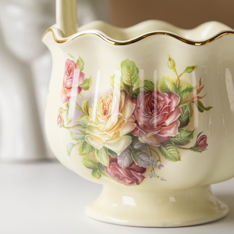 Cesta de Frutas de Cerámica Pintada a Mano con Rosas Rojas Vibrantes y Detalles Dorados - Perfecta para el Té de la Tarde, Almacenamiento en la Cocina y Ocasiones Especiales como Navidad, San Valentín, Día de la Madre