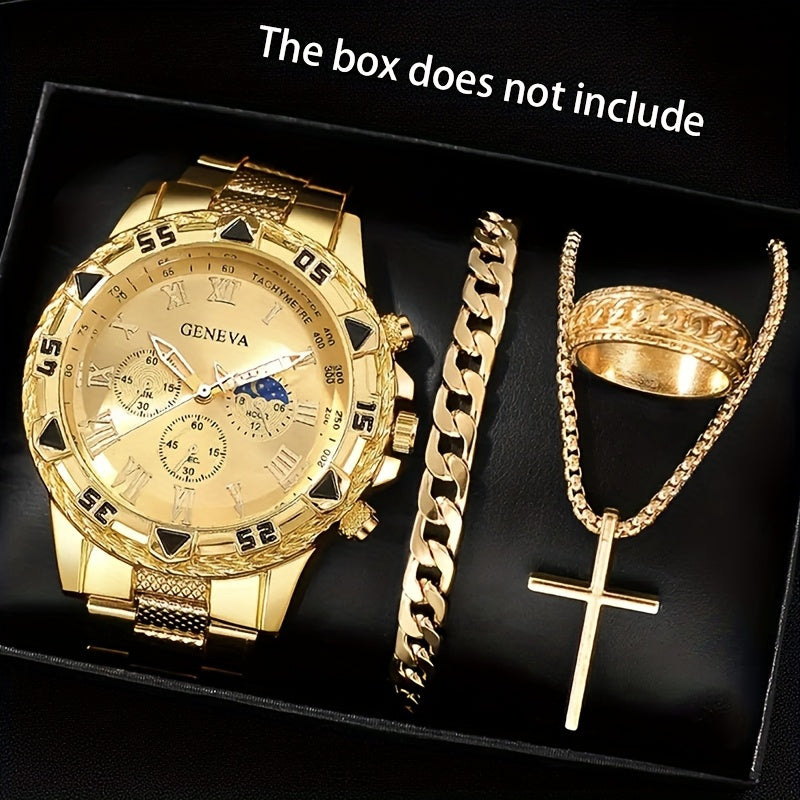1-4 Piezas Set de Reloj para Hombre, Reloj Deportivo de Cuarzo con Collar y Pulsera a la Moda, Esfera Redonda Clásica, Correa Dorada Cómoda, Regalo Perfecto para Familiares y Amigos, Ideal para Pascua o Atuendo Casual