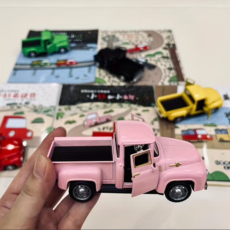 [Modelo Clásico Vintage Rosa Rojo] Modelo Clásico de Auto Vintage de Aleación Metálica Rosa y Rojo - 1 ud Adorno de Camioneta con Puertas y Capó Abatibles, Detalles Cromados - No Requiere Baterías para Decoración de Hogar y Oficina