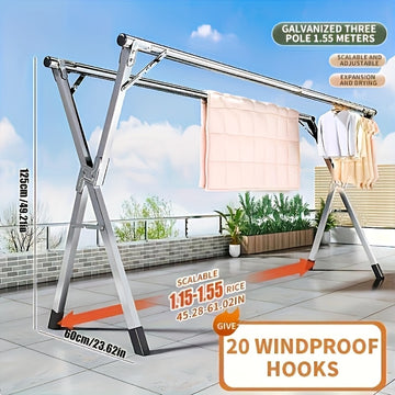 Perchero Plegable de Metal con Barra Doble Ajustable y 20 Ganchos Antiviento, Apto para Uso Interior y Exterior; Solución de Almacenamiento Ahorrador de Espacio para Ropa, Edredones y Ropa de Cama