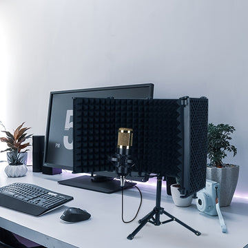 Escudo aislante para micrófono de estudio con trípode, espuma absorbente de alta densidad para filtrado vocal, escudo de sonido plegable para micrófono condensador, ideal para música, podcasts, canto y transmisiones, equipo de grabación | Diseño plegable
