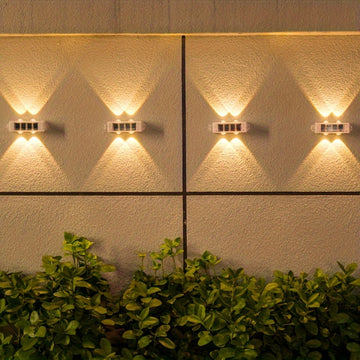 Luces solares para patio exterior (4 piezas/caja), luces de lavado de pared exterior, focos de paisaje para pared exterior de villa, luces decorativas de pared para ambiente