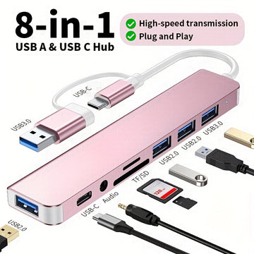 Un adaptador USB 8 en 1 con un conector de audio, diseñado para tabletas, con un adaptador multi puerto, alimentado por USB, que opera a 5V, compatible con tabletas.