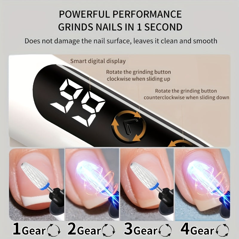 Afilador de uñas profesional para uñas gruesas, uñas viejas, belleza de uñas, extracción de uñas, onicomicosis - Recargable por USB con 4 cabezales de afilado, pantalla digital, diseño blanco y azul, afilador de uñas para uñas gruesas, salud de las uñas,