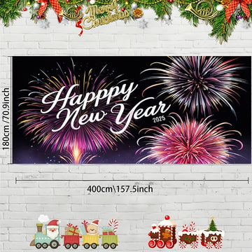 1pc de poliéster tejido de Año Nuevo pancarta de puerta de garaje, 400.0x180.01cm, diseño clásico de fuegos artificiales de dibujos animados, decoración para interior/exterior para Navidad, Halloween, Pascua, Acción de Gracias, Día de San Valentín - No s