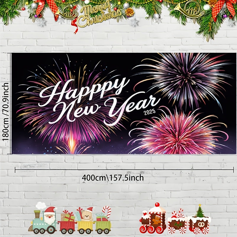 1pc de poliéster tejido de Año Nuevo pancarta de puerta de garaje, 400.0x180.01cm, diseño clásico de fuegos artificiales de dibujos animados, decoración para interior/exterior para Navidad, Halloween, Pascua, Acción de Gracias, Día de San Valentín - No s