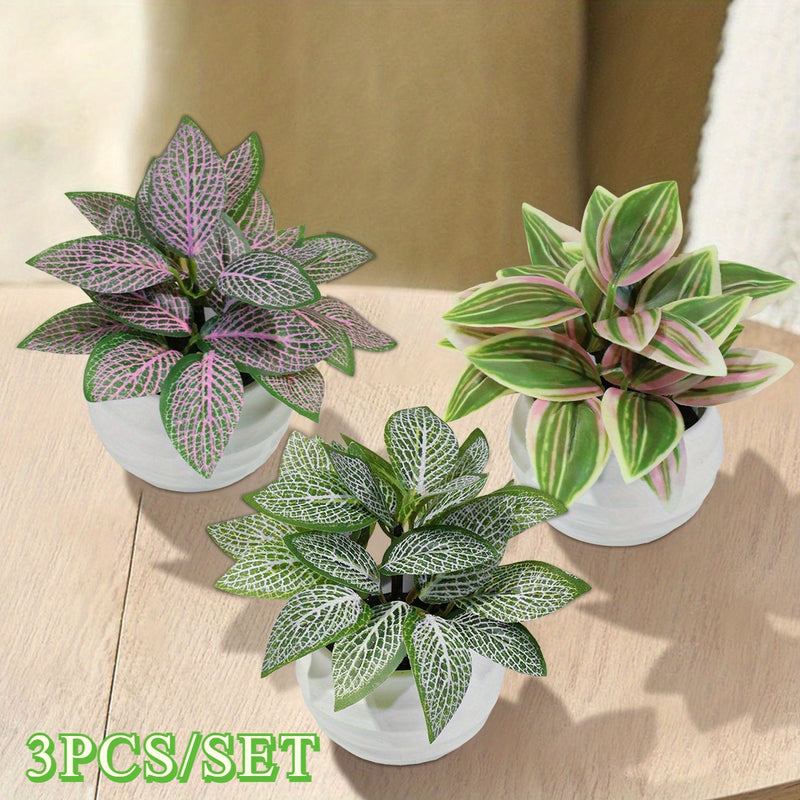 3 Piezas por Set Plantas Artificiales en Maceta Fittonia, Hoja Zebrina, Peperomia, Mini Bonsái Rosa y Verde, Material PE para Decoración de Exteriores, Jardín y Hogar Primavera-Verano