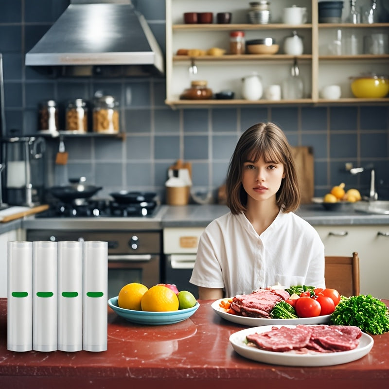 4 rollos de bolsas al vacío, cada una de 3 metros de largo – bolsas texturizadas multifuncionales para almacenamiento y conservación de alimentos, cocción lenta a baja temperatura y preparación de comidas. Duraderas y personalizables, ideales tanto para