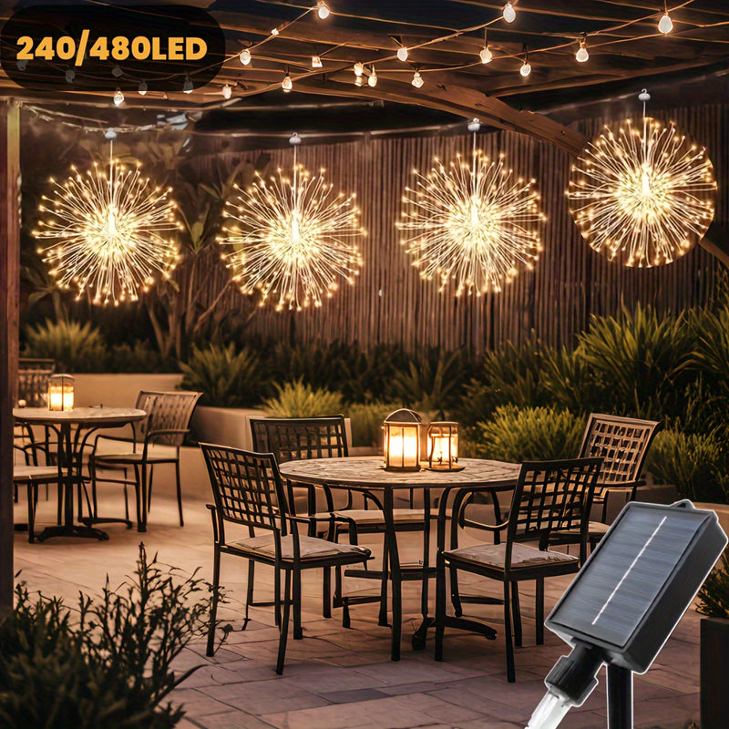 2 piezas/4 piezas, luces solares colgantes para jardín con efecto de fuegos artificiales, esferas luminosas estrelladas con 240/480 LED, 8 modos, luces de hadas con alambre de cobre para patio, sombrilla, alero, árbol, carpa, decoración de Año Nuevo y Na