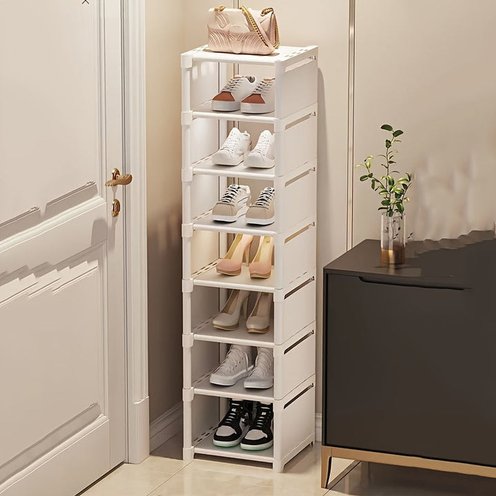 Organizador de zapatos blanco de varios niveles - Diseño vertical ahorrador de espacio con estantes abiertos, fácil de armar, ideal para entrada, sala, habitación o cocina | Estante de almacenamiento blanco elegante | Barras de soporte de metal, organiza