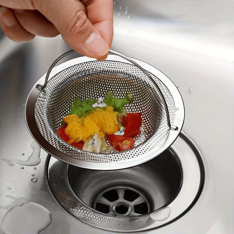 1 pieza, Cernidor de fregadero de acero inoxidable con asa, resistente a la herrumbre, filtro de malla antiatascos para fregaderos de cocina y baño, evita con facilidad los atascos, ideal para drenar restos de verduras y frutas, incluye acero inoxidable
