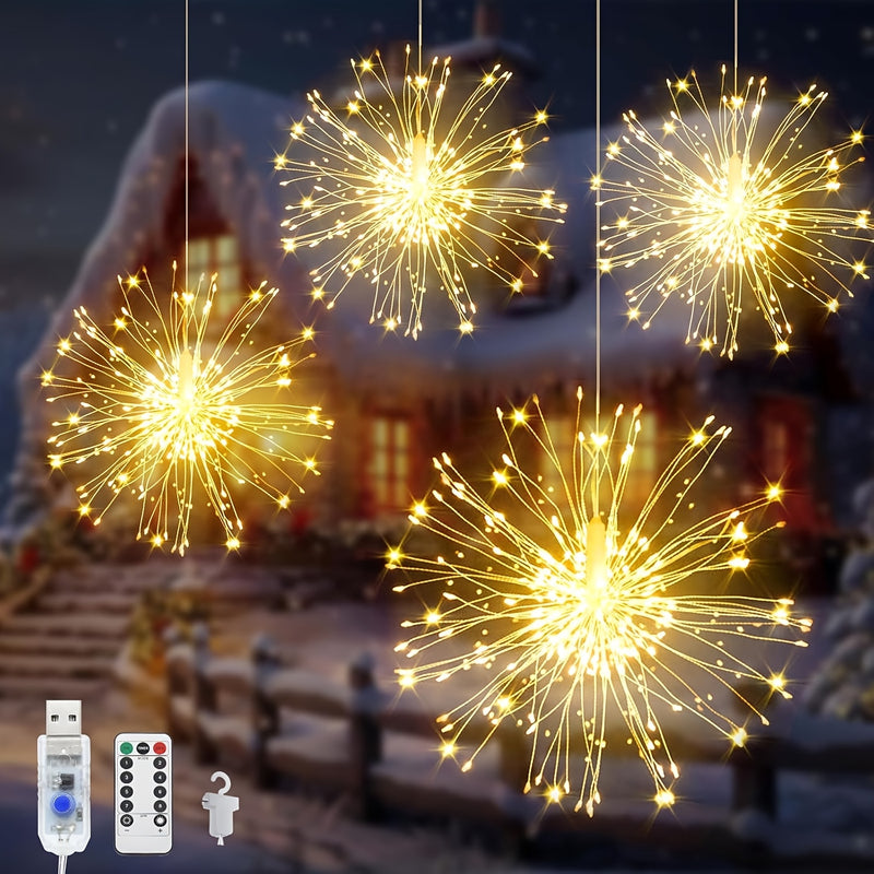 4 Luces de Fuegos Artificiales, 360 LED Impermeables con Control Remoto y Cable de Cobre, Ideales para Jardín o Patio, Perfectas para Navidad