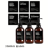 3pcs Botella Redonda de 500ml para Aceites Esenciales y Jabón en Gel, Dispensadores de Plástico con Etiquetas Removibles (Gel de Ducha, Loción, Jabón para Manos, Acondicionador) - Incluye 6 Etiquetas