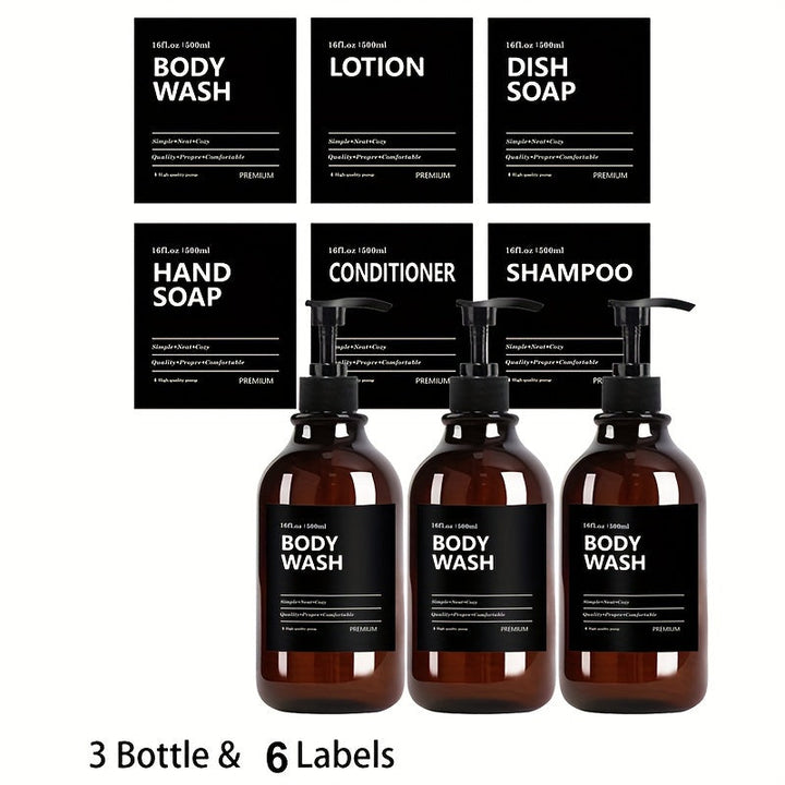 3pcs Botella Redonda de 500ml para Aceites Esenciales y Jabón en Gel, Dispensadores de Plástico con Etiquetas Removibles (Gel de Ducha, Loción, Jabón para Manos, Acondicionador) - Incluye 6 Etiquetas