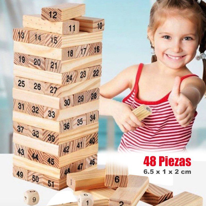 Torre Tipo Jenga 48 Bloques En Madera Juego de Mesa + Dados TJ01-JJM