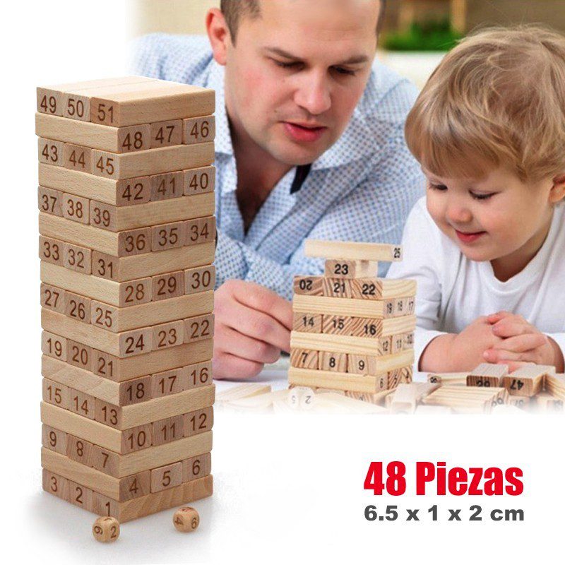 Torre Tipo Jenga 48 Bloques En Madera Juego de Mesa + Dados TJ01-JJM