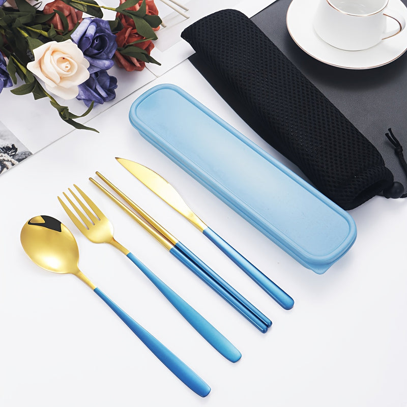 Juego de cubiertos portátil de acero inoxidable, 4 piezas: incluye tenedor, cuchillo, cuchara y palillos chinos, almacenados en una práctica caja para llevar, ideal para comer fuera de casa y comidas al aire libre