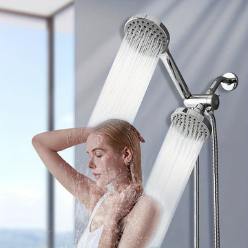 1 juego de cabezal de ducha de alto flujo de 4 pulgadas y manguera, set de ducha manual 2 en 1 con manguera de 59 pulgadas, desviador de 3 vías con soporte para cabezal de ducha, accesorio de baño de plástico estilo glam montado en la pared, salida doble