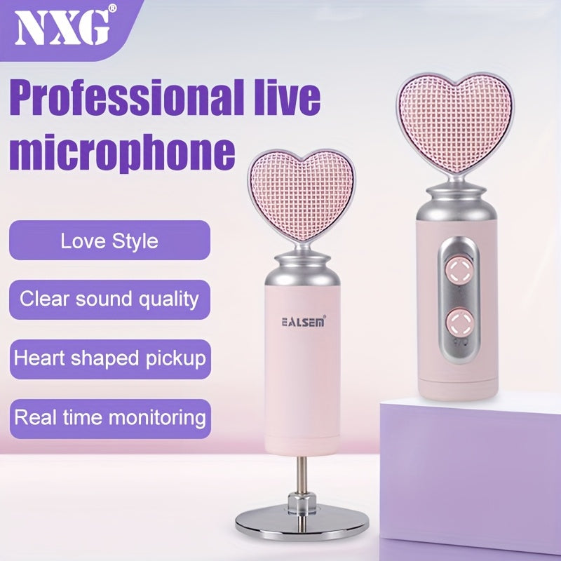 Microfono de Transmisión Dinámico NXG con Conectores USB-C y Diafragma en Forma de Corazón, Efectos de Iluminación RGB y Control de Volumen - Soporte Integrado Duradero para Transmisiones En Vivo, Juegos, Podcasts, Voces Off (Rosa), Micrófono para PC