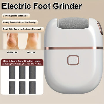 Extracción de pies eléctrica recargable con 6 cabezas intercambiables para luz muerta beige y pulido, alimentada por USB, diseño suave de doble tono en blanco y dorado, mango ergonómico para un uso cómodo.