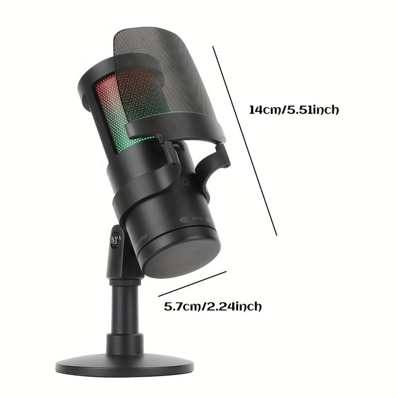 Micrófono USB Plug & Play de 1 pieza con Luces RGB, Control de Volumen, Función Silenciosa, Conector USB-C, Cuerpo de Resina ABS, para Karaoke, Transmisión en Vivo, Juegos, Videollamadas, , LMGBM