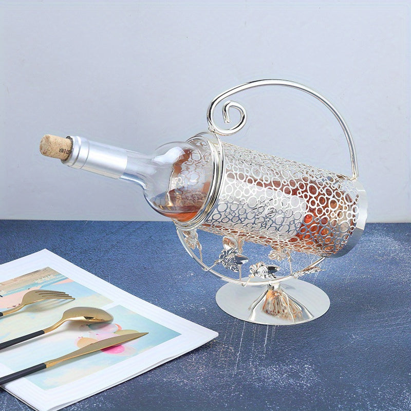 Soporte Elegante para Botella de Vino Individual - Metal con Patrones Intrincados de Hojas y Enredaderas, Acabado Dorado para Mesa en Sala de Estar, Cocina o Comedor - Portavinos Decorativo, Adorno para la Cocina