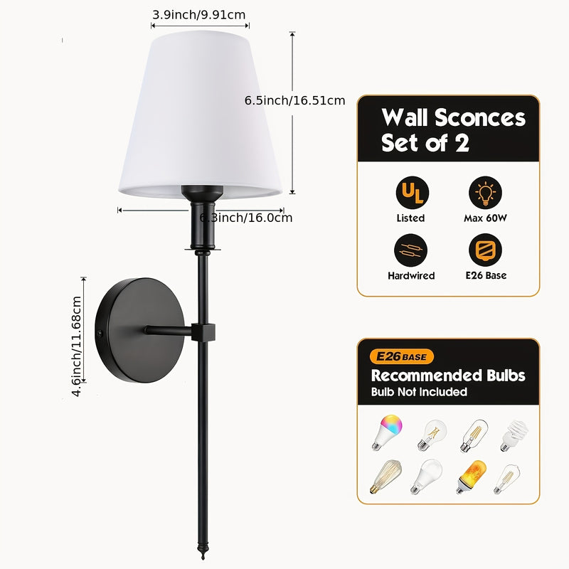 2 piezas de lámpara de pared con cubierta de tela, pantalla blanca para iluminación empotrada en baño o tocador, estilo antiguo, adecuada para sala, dormitorio o pasillo, lámpara colgante E26/E27 (sin bombilla)