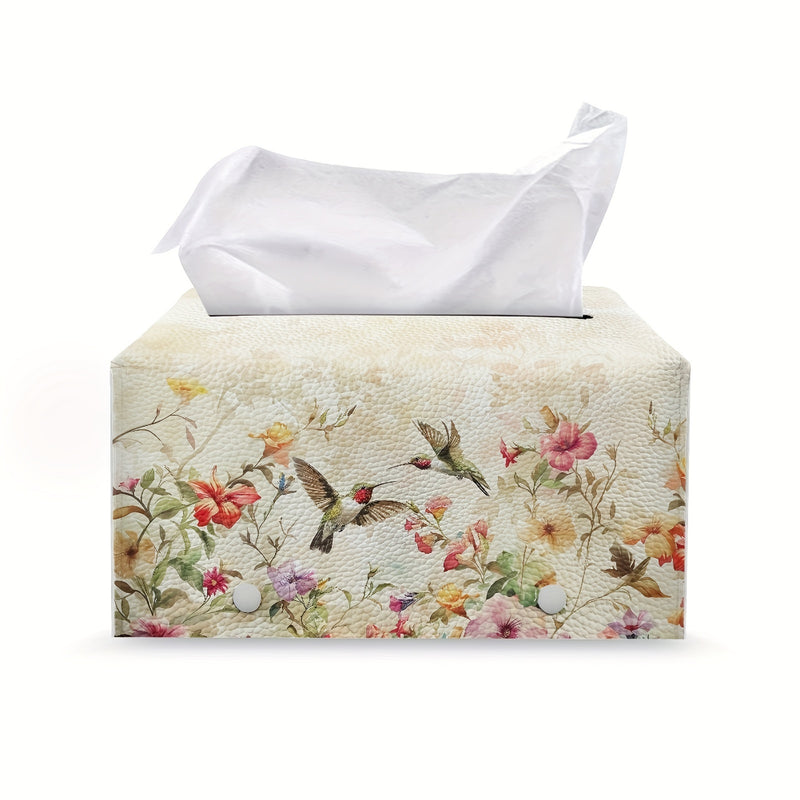 1pc Cubierta de Caja de Pañuelos de Cuero Pu con Cinturón Antideslizante, Estampado Vintage de Flores y Colibrí, Organizador Portátil de Pañuelos, Cubierta Decorativa para Caja de Pañuelos para Sala de Estar, Baño y Oficina