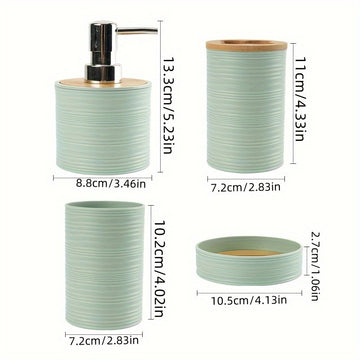 Juego de 4 accesorios modernos para baño: portacepillos de plástico, jabonera, vaso para enjuague bucal y botella con bomba de loción con diseño rayado y tapa de bambú, decoración para el cuarto de baño