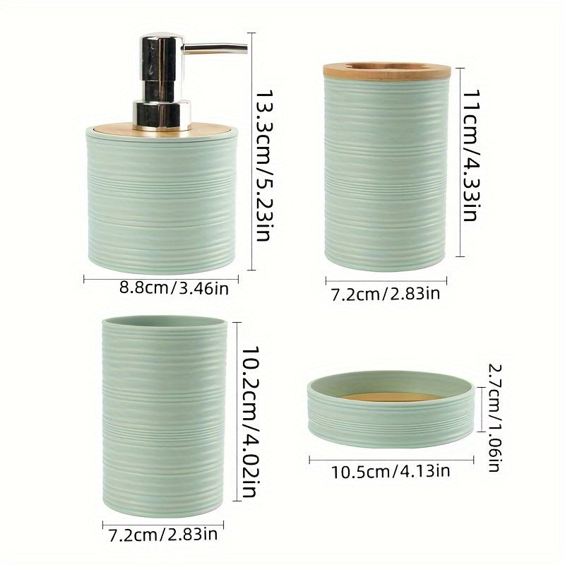 Juego de 4 accesorios modernos para baño: portacepillos de plástico, jabonera, vaso para enjuague bucal y botella con bomba de loción con diseño rayado y tapa de bambú, decoración para el cuarto de baño