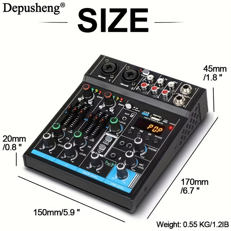 Mezclador de audio USB profesional Depusheng de 4/6 canales con iluminación RGB, consola de sonido, grabación para PC, entradas XLR y RCA para streaming, karaoke, fiestas, estudio en casa - material ABS, no requiere batería, configuración de grabación, a