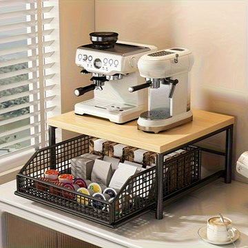 1 estante de microondas para cocina con cajón - Estructura sólida de madera y metal, organizador de encimera que ahorra espacio para utensilios, platos y tazas - No requiere electricidad, diseño elegante, construcción duradera, perfecto para la organizac