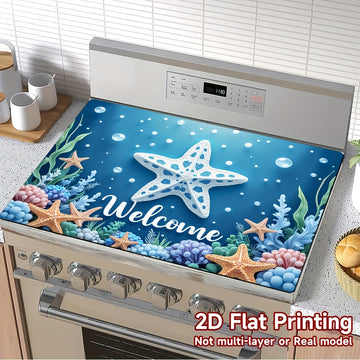 1pc Protector de Encimera con Temática Oceánica - Bienvenido Azul y Criaturas Marinas, Antideslizante para Cocina, Resistente a Rayones - Fácil de Limpiar y Cambiar - Para Estufas de Gas y Eléctricas, Superficies Planas - Decoración Costera Moderna, Mate