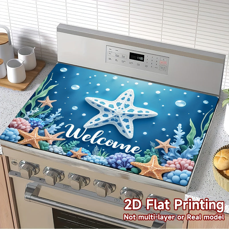 1pc Protector de Encimera con Temática Oceánica - Bienvenido Azul y Criaturas Marinas, Antideslizante para Cocina, Resistente a Rayones - Fácil de Limpiar y Cambiar - Para Estufas de Gas y Eléctricas, Superficies Planas - Decoración Costera Moderna, Mate