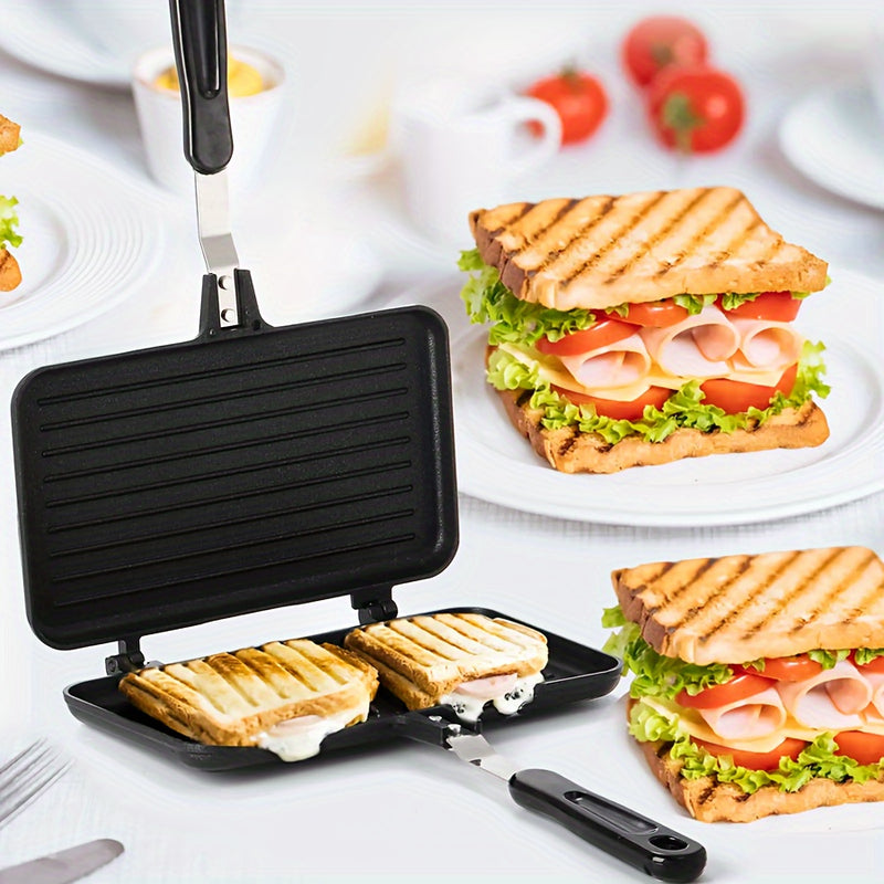 1pc Hacedor de sándwich de aluminio antiadherente de doble cara, mango desmontable, sartén para desayuno, parrilla rectangular para tostadas, bistec, huevos, gofres, cocina portátil para uso en casa