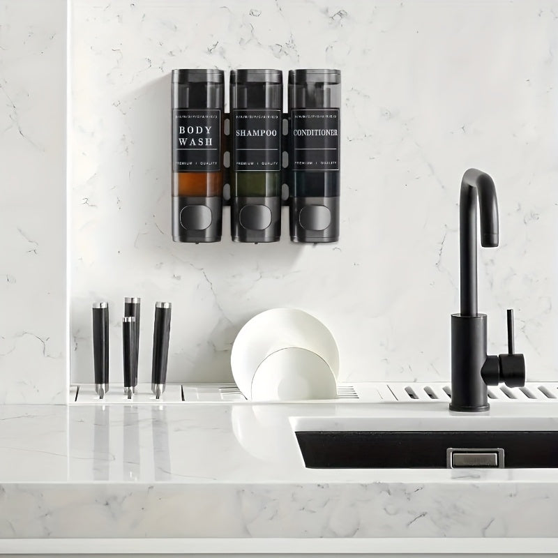 Dispensador de Champú, Acondicionador y Gel de Baño 3 en 1 para Pared - Calidad Premium, Instalación Sin Taladro, Plástico Libre de Ftalatos, Gran Capacidad, Ideal para Baños de Hogar e Hoteles | Accesorio Moderno para Baño, Dispensador Duradero