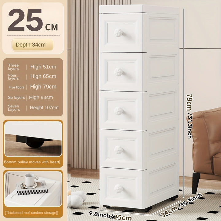 Armario de Almacenamiento Plástico de 5 Niveles y 5 Cajones con Ruedas, Ancho 15/25 cm, Diseño Ahorra Espacio para Oficina o Sala de Estar, Caja Impermeable sobre Rodillos, Fácil Uso, Armarios Portátiles