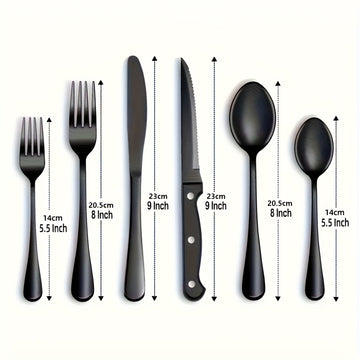 Juego de 24 piezas de cuchillería occidental de alta calidad de acero inoxidable, con cuchillo, tenedor y cuchara. Cuchillo de cuchillo de carne, cuchillo de bistec, cubertería negra. Cubertería de plata de acero inoxidable, cuchillo de postre, tenedor y