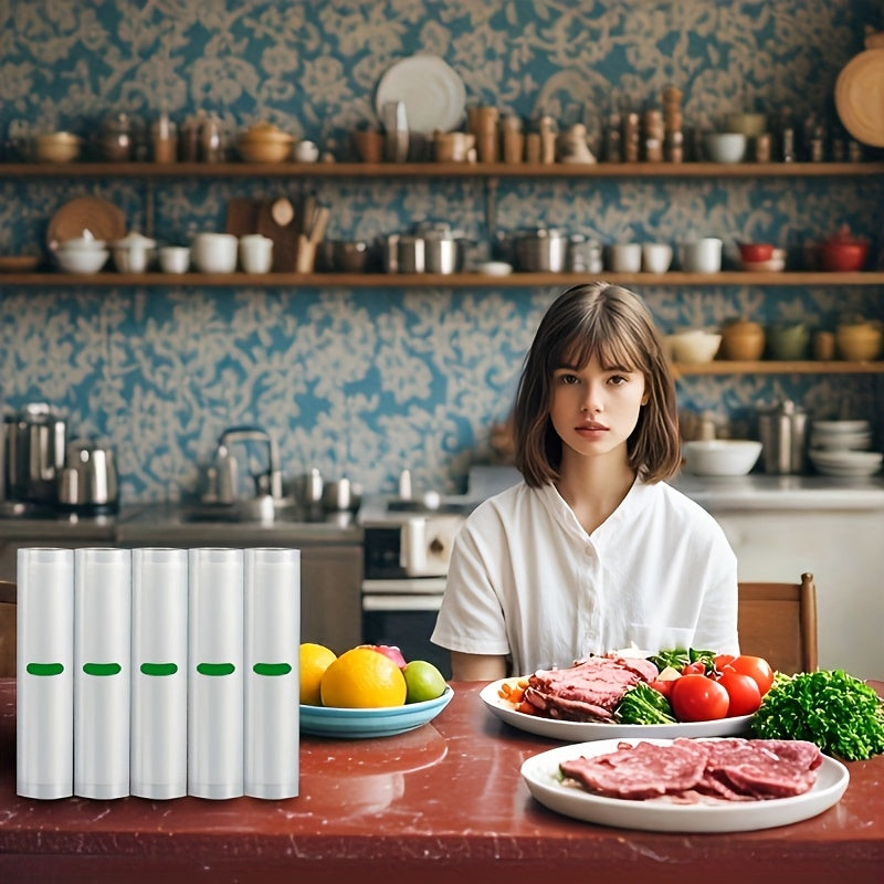 Paquete de 5 Rollos para Sellado al Vacío, Longitud de 3 Metros, Varios Anchos, Adecuados para Almacenamiento de Alimentos y Cocina Lenta a Baja Temperatura - Diseño Resistente al Desgarro Garantiza Máxima Frescura y Mayor Duración - Seguro para Contacto